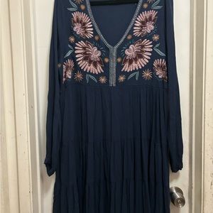 Knox Rose Navy Blue Embroidered Floral Gauze Textured Tiered Dress.